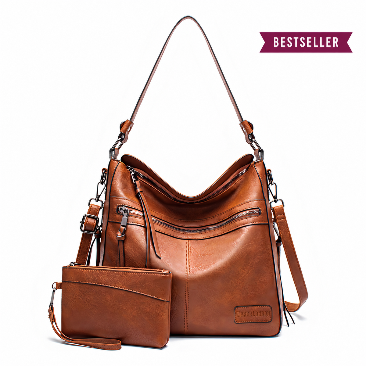 A brown faux-leather hobo shoulder bag with a matching zip-around wristlet pouch, displayed on a clean white background with a 'BESTSELLER' badge in the top right corner.